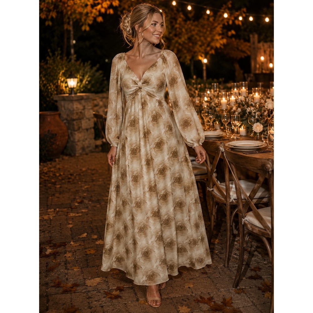 In February Mocha Floral Rose Maxi Dress Long Sleeve Smocked Back 1583D Small